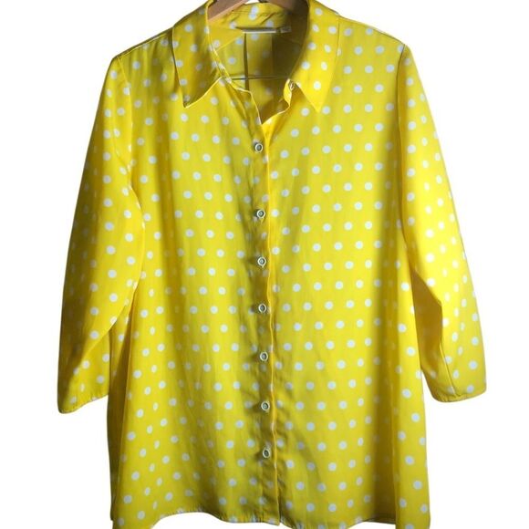 Susan Graver Yellow Polka Dot Button Down Shirt - Picture 1 of 10